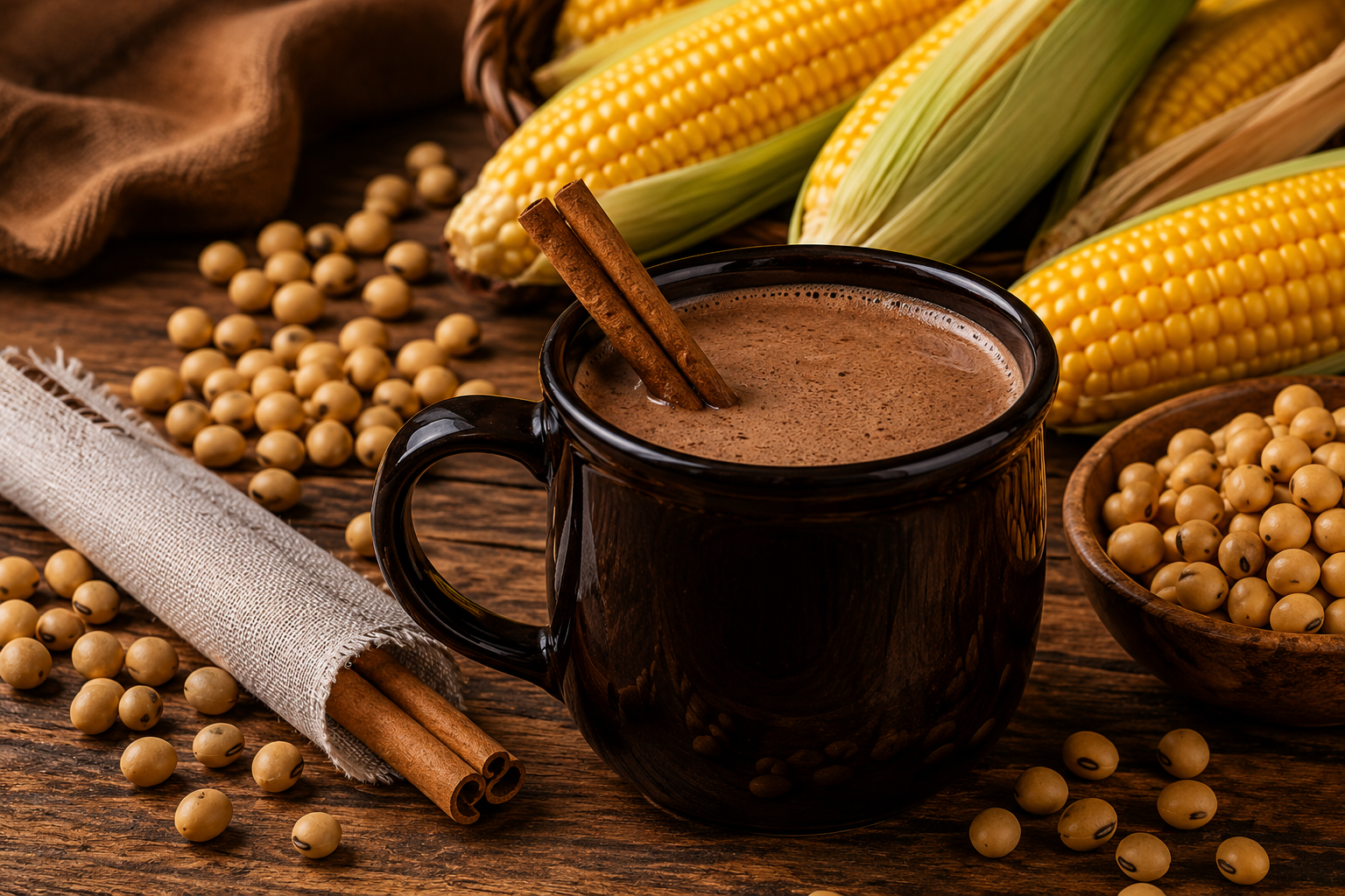 Bebida quente junina com canela e espigas de milho