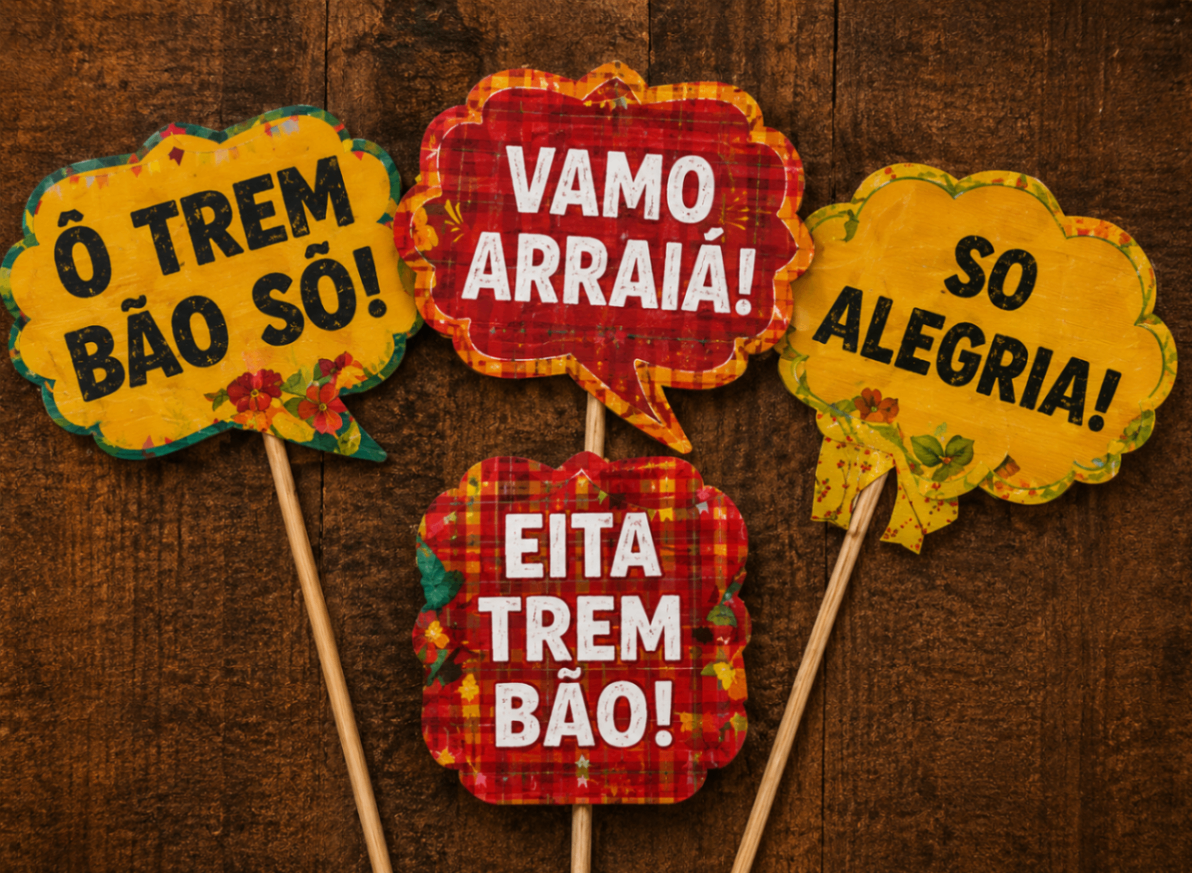 Plaquinhas divertidas de festa junina sobre fundo de madeira