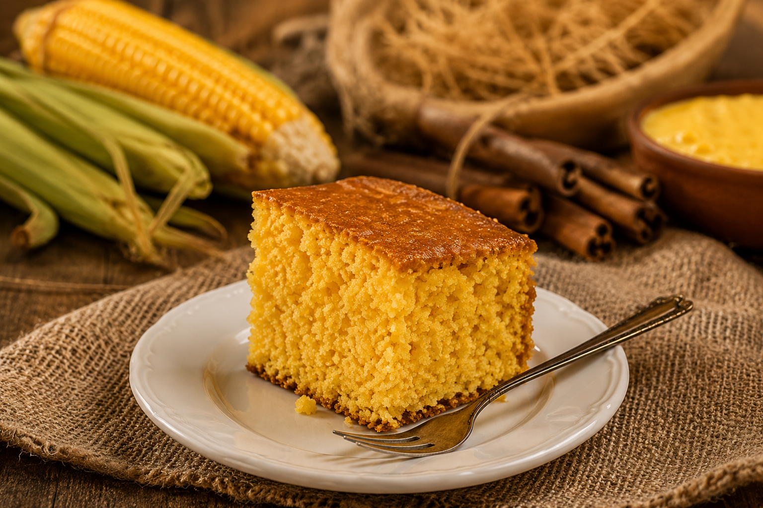 Bolo de milho servido em prato branco com cenário junino