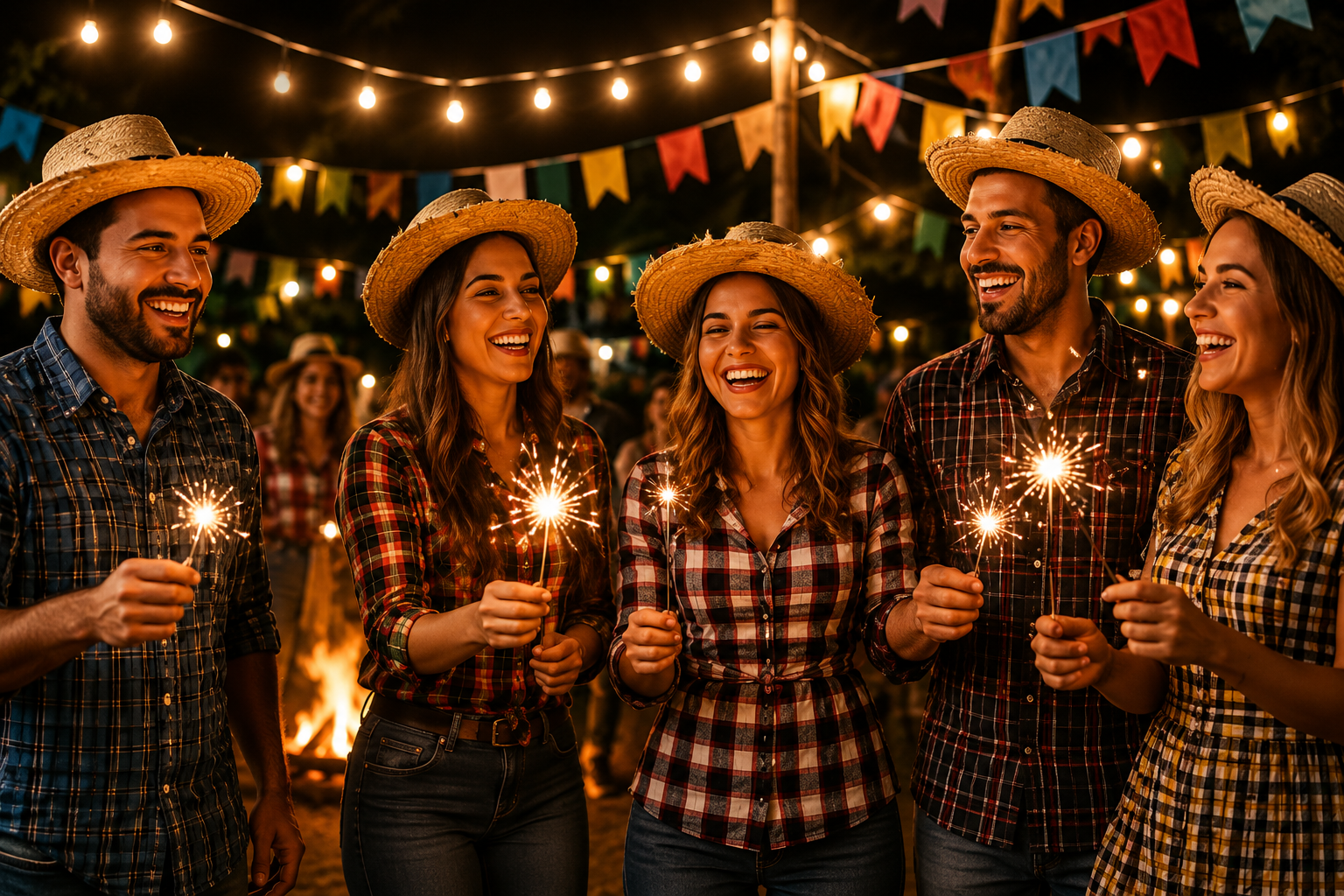 Grupo sorrindo em festa junina com luzes e bandeirinhas